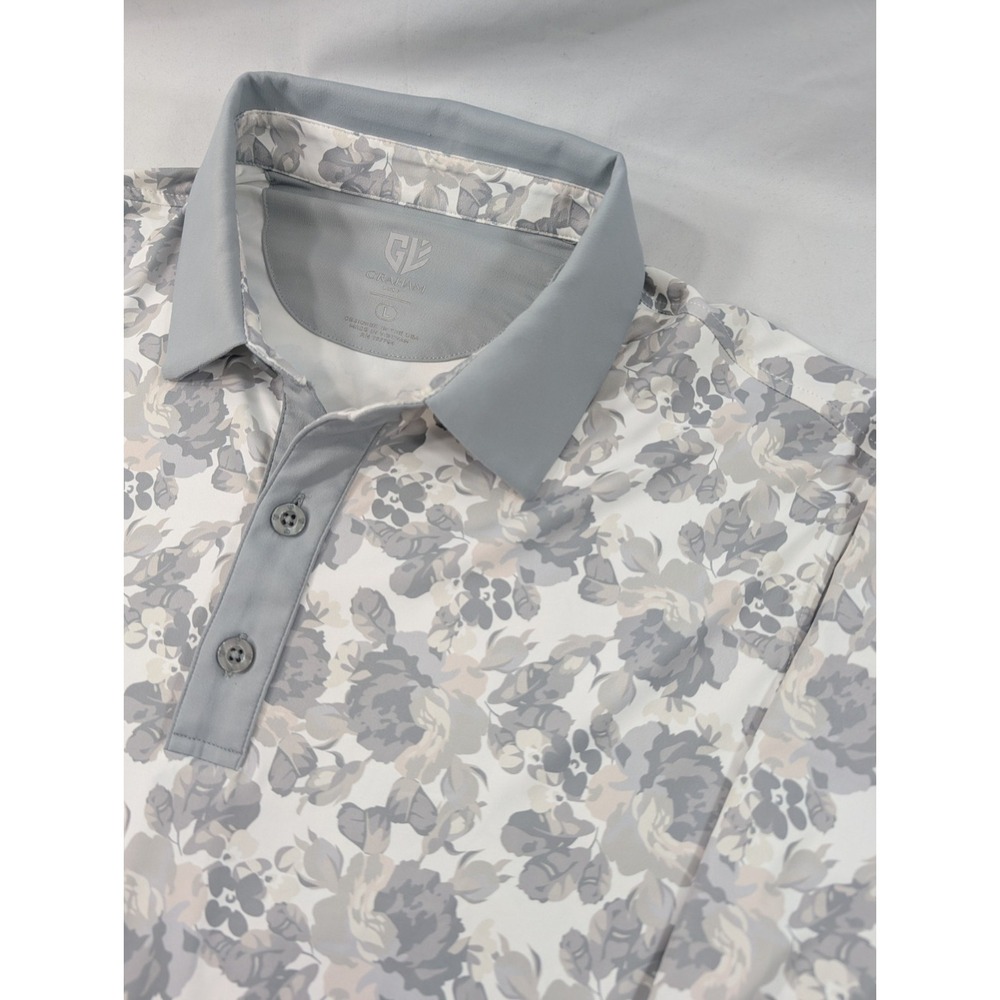 Graham Luxe Men's Large Golf Polo Shirt Gray Floral Short Sleeve Stretch